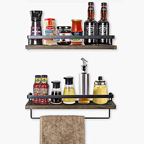 Rustic Floating Wall Shelves with Rails, Set of 2 Wood Wall Storage