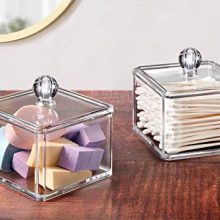 Modern Square Qtip Holder Acrylic Bathroom Vanity Countertop Storage Organizer Canister Jar for Cotton Swabs, Rounds, Balls, Makeup Sponges, Bath Salts - 2 Pack - Clear