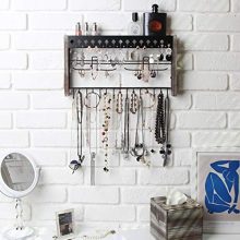 Rustic Wood Wall Mount Jewelry Organizer with Metal Hooks for Necklaces, Rings, Earrings - Rustic White