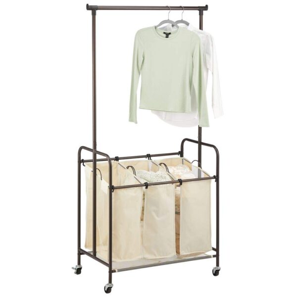 Laundry Sorter with Wheels and Attached Steel Hanging Bar