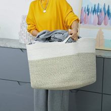 Large 22x22x14 Inch Woven Storage for Blankets and Toys - Stylish Nursery Laundry Hamper in White & Light Brown