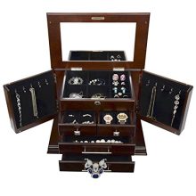Large Mahogany Wood Finish Necklace Jewelry Box