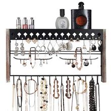 Rustic Wood Wall Mount Jewelry Organizer with Metal Hooks for Necklaces, Rings, Earrings - Rustic White