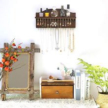 Rustic Wall Mounted Jewelry Organizer with 30 Hooks – Stylish Black Walnut Holder for Necklaces, Earrings, and Bracelets