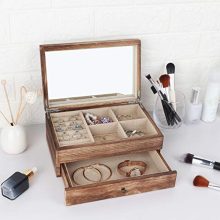 Vintage Jewelry Organizer Box for Ladies – 2-Layer Wooden Jewelry Display with Mirror & Ring Tray