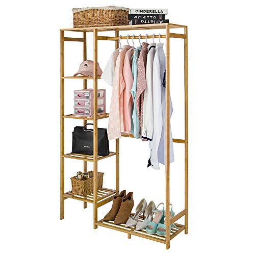 Bamboo Wood Clothing Garment Rack with Shelves
