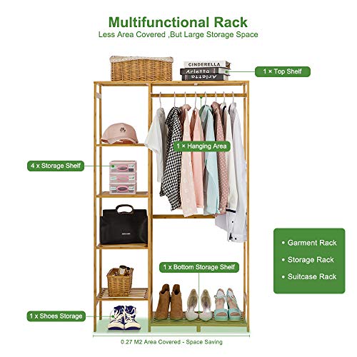 COOGOU Bamboo Garment Rack with Shelves – Heavy Duty Clothing Organizer for Entryway, Bedroom, and Store