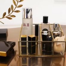 Glass & Metal Cosmetic Organizer Brass Makeup Storage