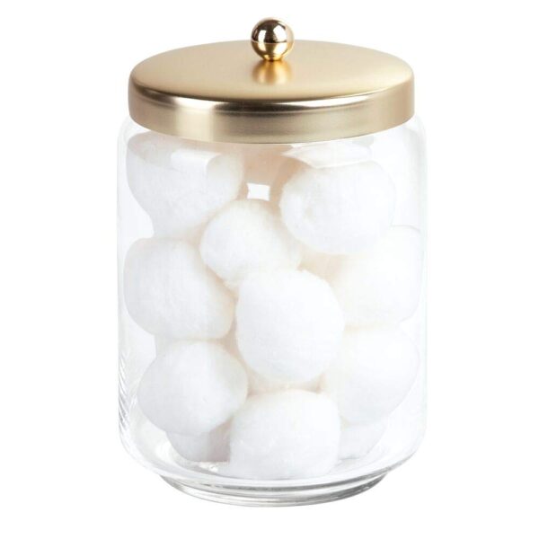 mDesign Glass Bathroom Vanity Storage Organizer Apothecary Canister Jar for Cotton Swabs, Cotton Rounds, Cotton Balls, Makeup Sponges, Bath Salts - Clear/Soft Brass