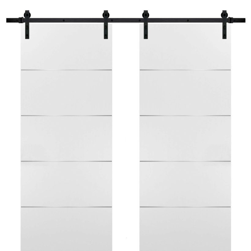 Double Barn Sliding White Doors 56x80 with Black Hardware