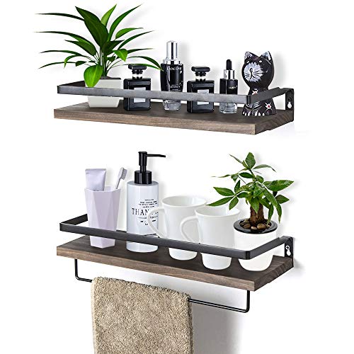 Rustic Floating Wall Shelves with Rails, Set of 2 Wood Wall Storage