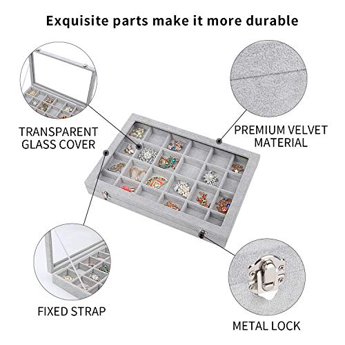 STYLIFING Clear Lid Velvet 24 Grid Jewelry Tray
