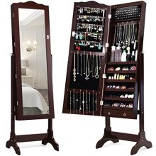 LEDs Mirror Jewelry Cabinet Lockable Standing Jewelry Armoire