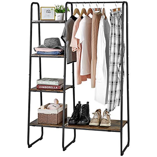 Clothing Rack with 5 Wood Shelves and Hanging Bar
