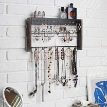 Rustic Wood Wall Mount Jewelry Organizer with Metal Hooks for Necklaces, Rings, Earrings - Rustic White