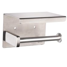 Stainless steel toilet paper holder with brushed nickel finish featuring a top shelf for extra storage and a design that fits oversized tissue rolls