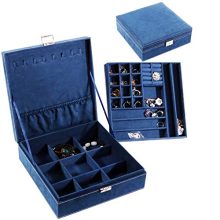 Blue two-layer jewelry organizer with 44 compartments, lock, and elegant design for necklaces, earrings, and rings