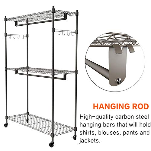 Kemanner Heavy Duty Rolling Garment Rack 3-Tiers