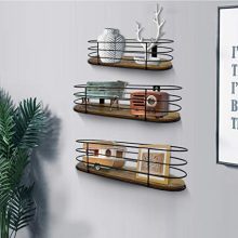 Oval Floating Wall Shelves Set of 3 Rustic Wood Wire Frame