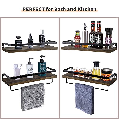 Rustic Floating Wall Shelves with Rails, Set of 2 Wood Wall Storage