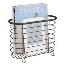Bronze freestanding farmhouse-style magazine holder with grid wire design, raised feet, and compact size for organized storage