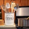 Kitchen Utensil Holder Crock, White With Premium