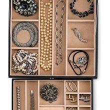 Glenor Co 28 Section Jewelry Box - 2 Layer - Buckle Snap & Magnet Closure - Large Mirror - Leather Design - Black - Jewelry Organizer for Women & Girls - Holder for Earring Ring Necklace & Bracelet
