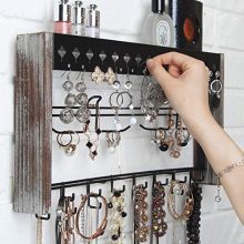 Rustic Wood Wall Mount Jewelry Organizer with Metal Hooks for Necklaces, Rings, Earrings - Rustic White