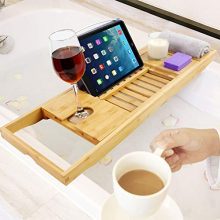 PURENJOY Bamboo Bathtub Tray Caddy with Wine, Book and Soap Holder