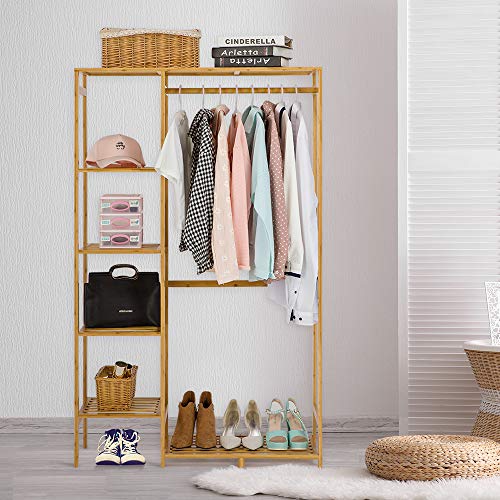 COOGOU Bamboo Garment Rack with Shelves – Heavy Duty Clothing Organizer for Entryway, Bedroom, and Store
