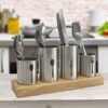 Stainless Steel Silverware Caddy with Bamboo Base for Kitchen & Entertaining