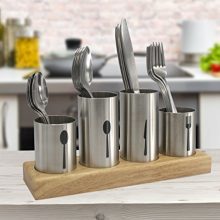 Stainless Steel Silverware Caddy with Bamboo Base for Kitchen & Entertaining
