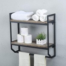 Industrial 2-Tier Wall Mounted Bathroom Shelves with Towel Bar – Black Brush Silver