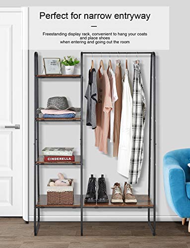 Clothing Rack with 5 Wood Shelves and Hanging Bar