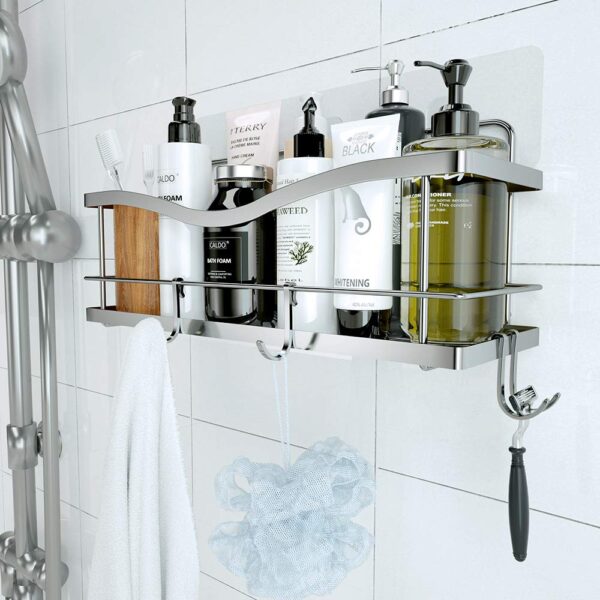 Basket Shelf with Hooks for Hanging Sponge and Razor
