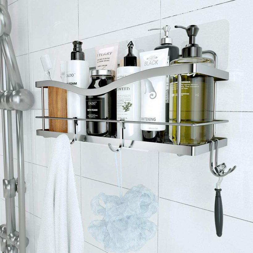 Basket Shelf with Hooks for Hanging Sponge and Razor