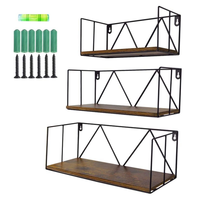 Floating Wall Shelves Set of 3, Black Metal Wire Hanging Rustic Storage