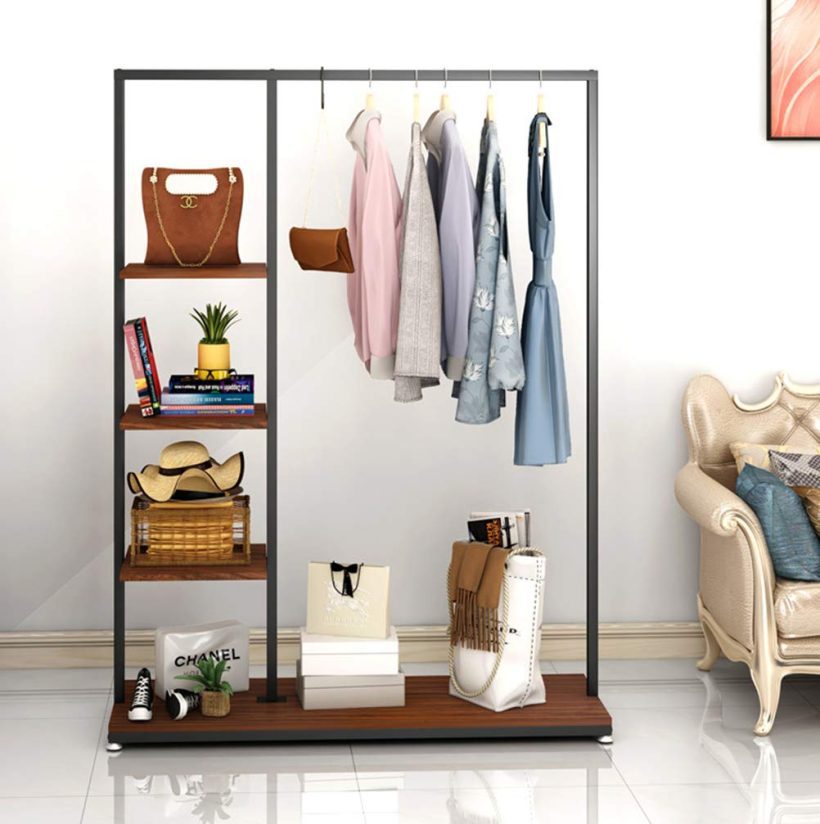 Metal Clothes Garment Racks with 4 Wood Storage