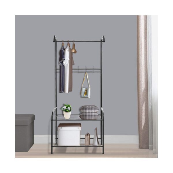 Coat Rack with Two-Layer Steel Rack Underneath Big Shoe Bench