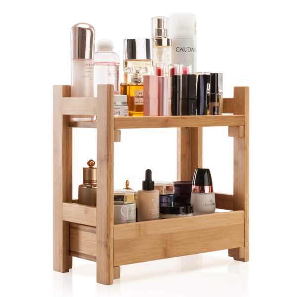 Natural bamboo makeup organizer with two tiers and a drawer, perfect for cosmetics, perfumes, and accessories