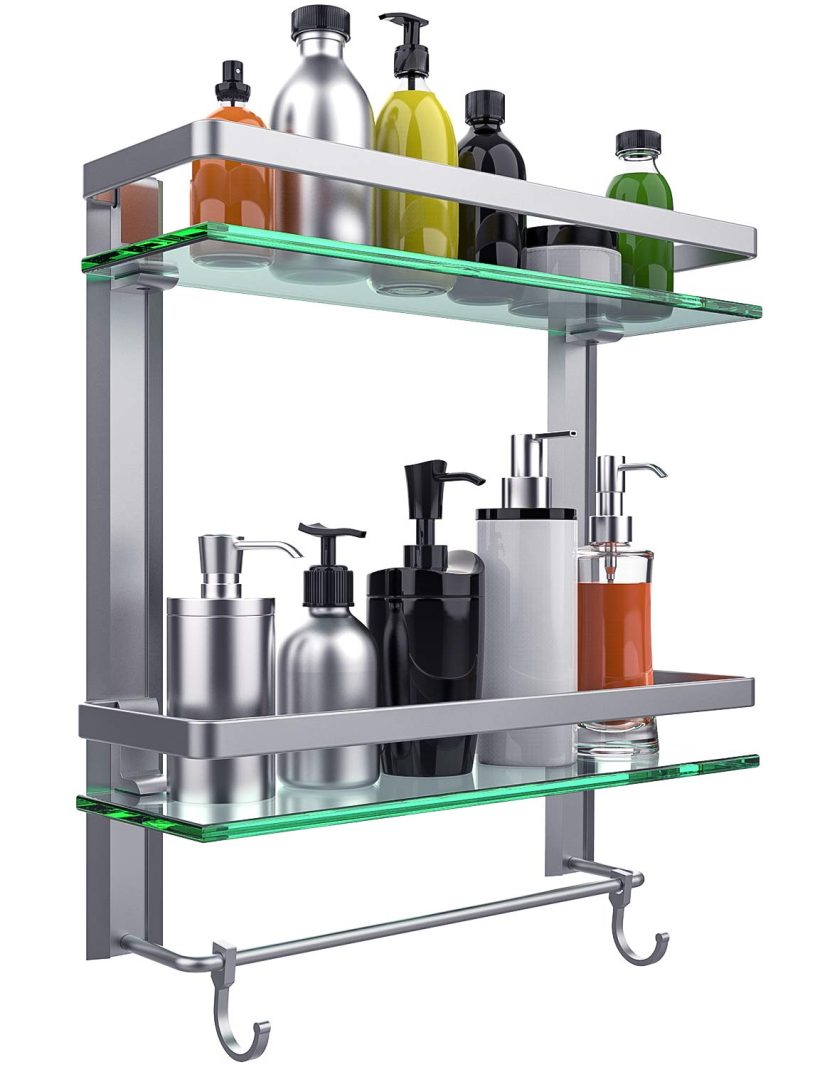 Vdomus Tempered Glass Bathroom Shelf, 2 Tier Shelf with Towel bar