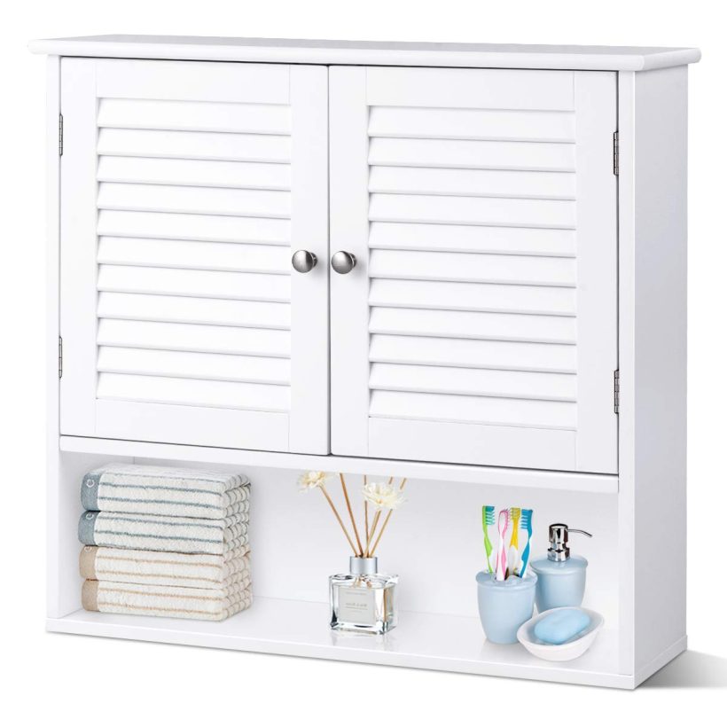 Wooden Hanging Medicine Cabinet with Double Shutter Doors