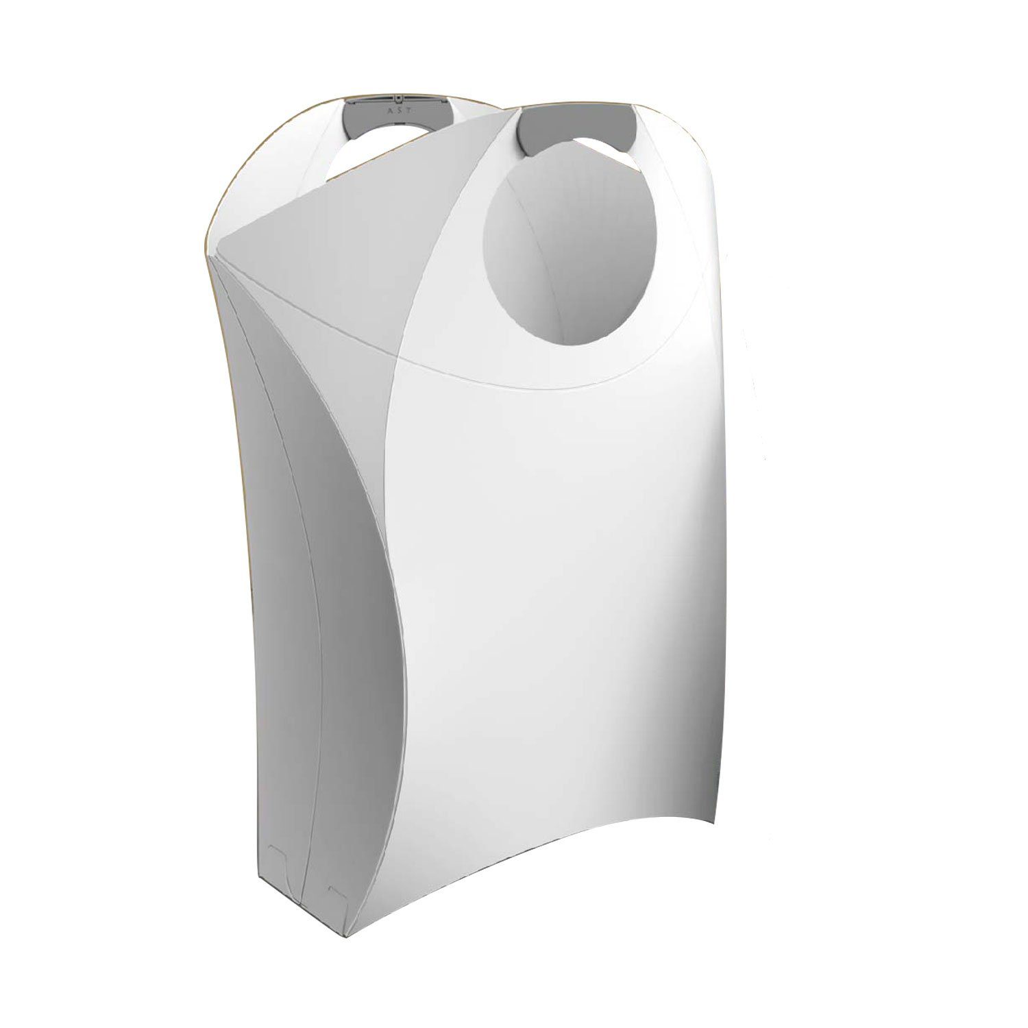White pop-up laundry hamper origami bag with sturdy handles and foldable design