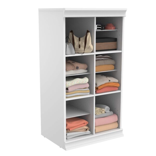A sleek twelve-compartment laminated wood storage cabinet with a sturdy backer, shown in a bright and organized living space.