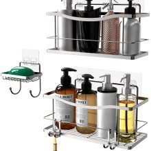 Shower Caddy Basket Shelf with Hooks/Soap Dish Holder Shelf