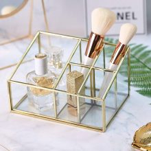 Glass & Metal Cosmetic Organizer Brass Makeup Storage