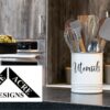 House Acre Designs Large White and Black Utensil Crock - Stylish Farmhouse Kitchen Decor - Rustic Countertop Storage Solution