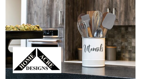 House Acre Designs Large White and Black Utensil Crock - Stylish Farmhouse Kitchen Decor - Rustic Countertop Storage Solution