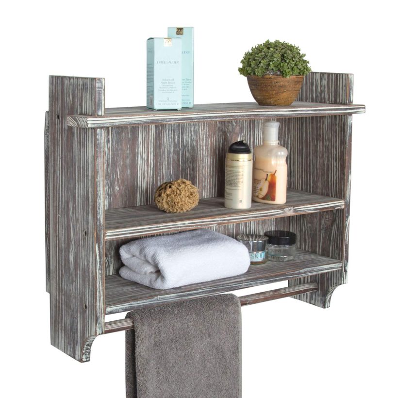 MyGift Wall Mounted Torched Wood Bathroom Organizer Rack