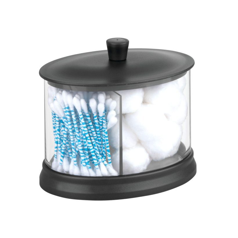 iDesign Gina divided canister with two compartments, clear body, and matte black lid, storing bathroom essentials
